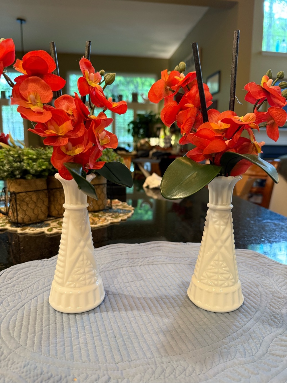 Set of 2 Anchor Hocking Stars and Bars Milk Glass Bud vases